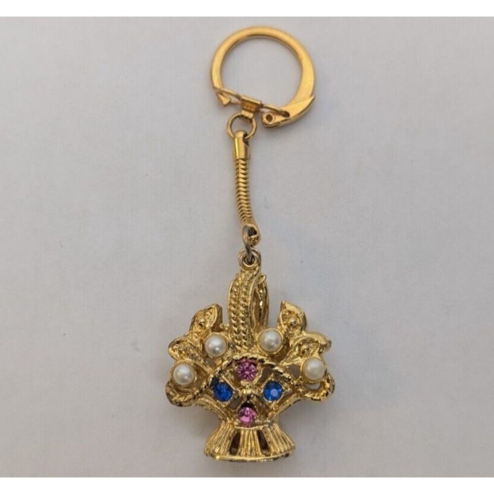 Ornate Vintage Goldtone Basket Keychain Pink Blue Rhinestone Faux Pearl Charm